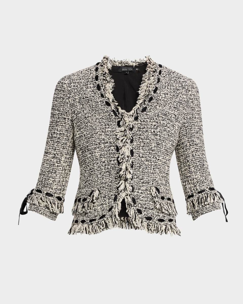 Ribbon-Trim Fringed Tweed Jacket